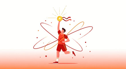 Athlete Celebrates Victory With A Gold Medal Amidst Abstract Swirling Energy Orbits