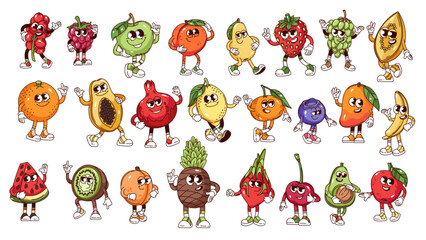 Obraz na płótnie Canvas Groovy happy fruit and berry cartoon characters set. Funny retro food personages with funky face and cute smile. Fruit mascot, cartoon stickers collection of 70s 80s style vector illustration