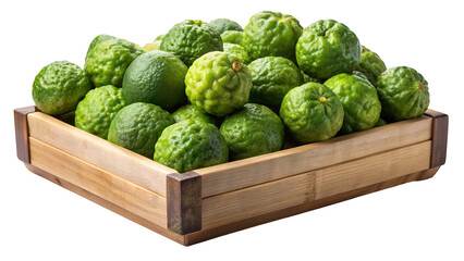 Obraz premium A wooden crate overflowing with fresh bumpy green kaffir lime fruits isolated on transparent background