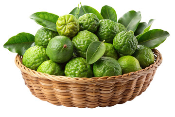 Fototapeta premium A woven basket overflowing with fresh green kaffir lime fruits and leaves isolated on transparent background