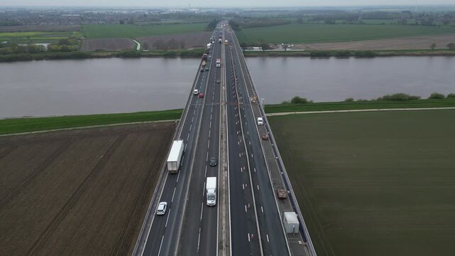 aerial view of The Ouse Bridge is a reinforced concrete plate girder bridge on the M62 that spans River Ouse. East Yorkshire 