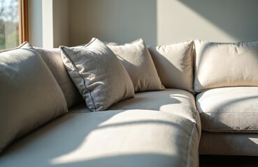 Close up photo of modern living room corner sofa with soft pillows. Sunlight creates shadows on the cozy comfortable couch. Interior design concept of relaxing and chill area.