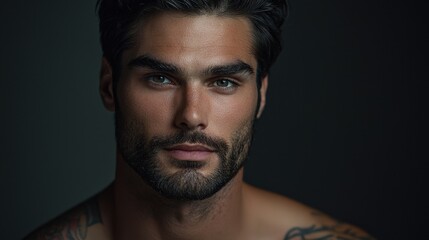 Obraz premium Handsome man with a strong jawline and captivating eyes poses against a dark background