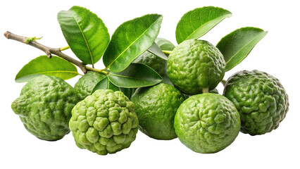 Fototapeta premium Fresh kaffir lime fruits and leaves on a branch isolated on transparent background