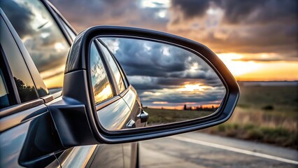 Reflection of a dramatic sunset sky and landscape in a car s side view mirror isolated on transparent background