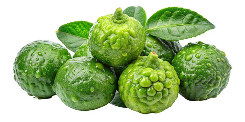 Obraz premium A vibrant pile of fresh green kaffir limes with textured bumpy skin and a few leaves isolated on transparent background