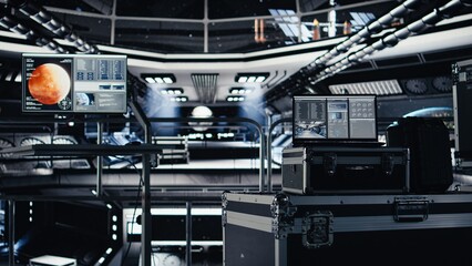 Laptop in orbit shuttle showing dashboard tracking thermal stability and core performance during orbital flight. Notebook display presenting key spaceship engine readouts analytics