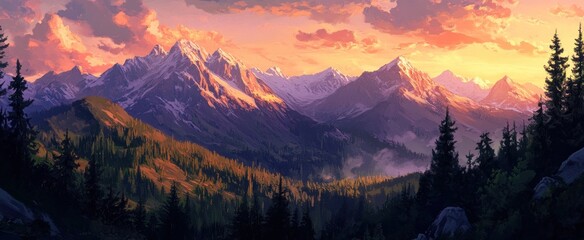 Obraz premium Majestic Mountains Under the Warm Embrace of Golden Sunset Painting