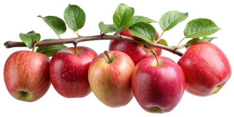 A cluster of ripe red and yellow apples with green leaves hanging from a branch isolated on transparent background
