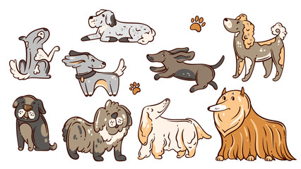Obraz premium Dogs set in cartoon doodle style. Dogs running, sitting, standing, scratching, and laying down. Fun colored mutts, canines, hounds, puppies, pooches, for cards, stickers, decor. Vector illustration.