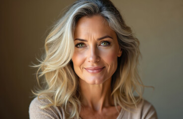 Naklejka premium Elegant portrait of a mature woman with grey blonde wavy hair. She shows natural beauty skin and confident smile. The woman eyes reveal her joy and inner peace. Beauty face shot is focused.