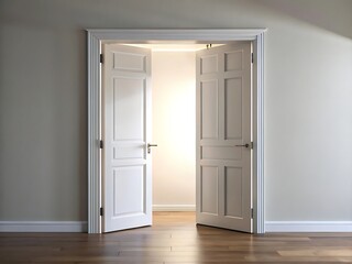 Open white double doors revealing bright light and a new opportunity isolated on transparent background