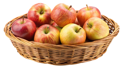 A woven basket filled with freshly harvested ripe red and yellow apples isolated on transparent background