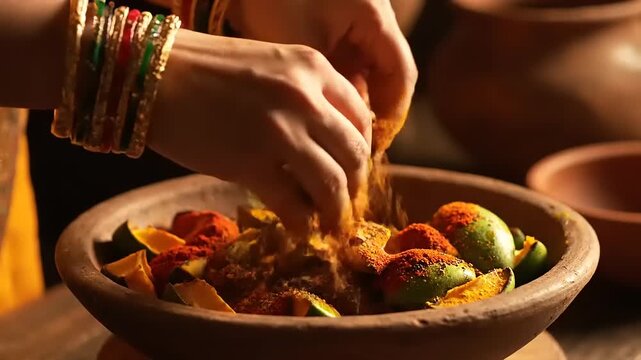 Hands Mixing Spices and Raw Mango Slices in Traditional Clay Bowl