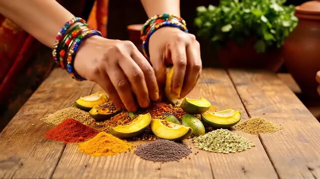 Hands Mixing Indian Spices with Raw Mango Slices on Wooden Table
