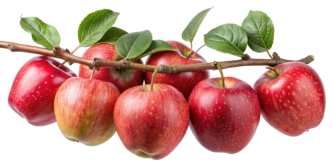 A cluster of ripe red apples with green leaves hanging from a branch isolated on transparent background