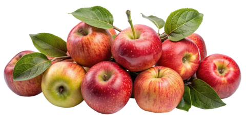 A vibrant cluster of fresh ripe red and yellow apples with green leaves isolated on transparent background