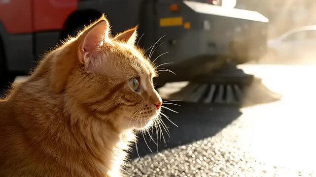 An orange tabby cat sits in profile, looking right, with a street sweeper in the blurred background under bright sunlight.