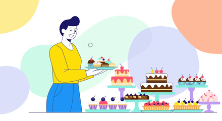 Bakery Illustration Featuring A Person Presenting Freshly Baked Pastries, Sweets, And Desserts