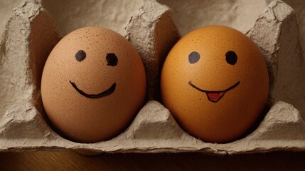 Two eggs with simple cheerful faces are nestled in an egg carton on a wooden table. The eggs have been creatively decorated with smiles adding a playful touch to the scene.