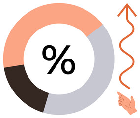 Circular diagram split into segments with a percentage sign at the center, an upward arrow, and a hand pointing upward. Ideal for growth, analysis, statistics, business, improvement, achievement