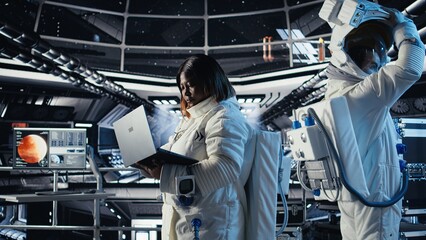 Cosmonaut leaving starship after landing on planet, waving hand to colleague. Astronaut stepping out of space station for scheduled operations to study cosmic origins