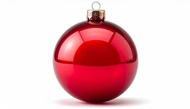 Shiny red Christmas ornament ball with gold cap and hanging loop on white background, festive and glossy.