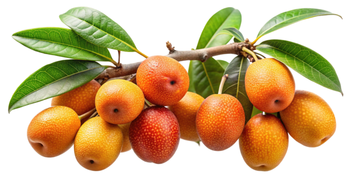 A cluster of ripe oval shaped orange and red fruits hanging from a branch with green leaves isolated on transparent background - Powered by Adobe