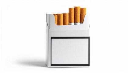 Open cigarette pack with visible orange filter cigarettes on white and black background, minimal and stark.