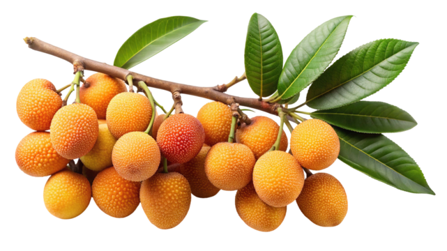 A cluster of ripe orange yellow loquat fruits with green leaves on a branch isolated on transparent background