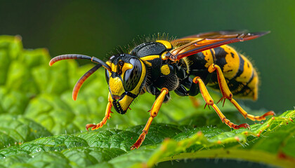 Wasp perched on green leaf, glossy exoskeleton highlighted, close macro.
