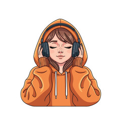 A cartoon girl in an orange hoodie listens to music on headphones with her eyes closed.