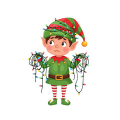 A confused elf tangled in Christmas lights, preparing for the holiday season