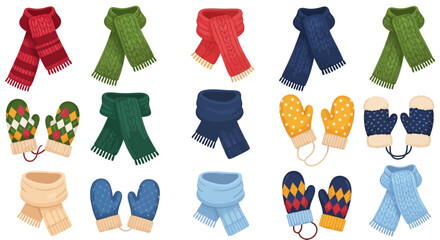 Cozy winter accessories like scarves and mittens in a variety of colors and patterns, perfect for staying warm and stylish during cold weather