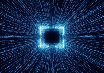 Blue Light Tunnel with Glowing Square Portal on Black image photo