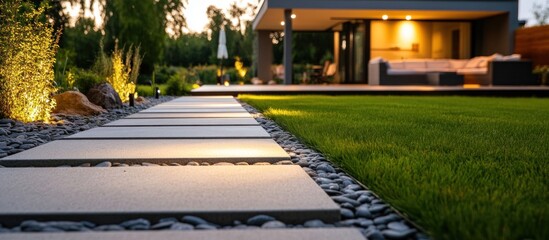 Obraz premium Elegant backyard with modern design, illuminated path and lush green lawn