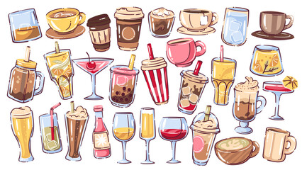 Set of various drinks in doodle style with coffee, tea, cocktails, juice, beer, and soft drinks. Bright hand drawn beverages for cafe menu or bar decor. Drinks set vector illustration.