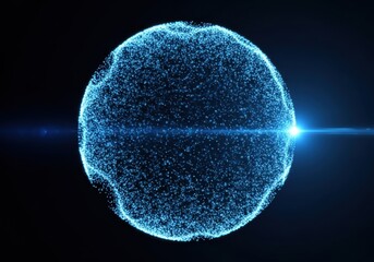 Glowing Blue Particle Sphere with Light Streak on Black abstract background