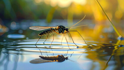 Water strider insect walking on pond surface tension, close-up macro, daylight.