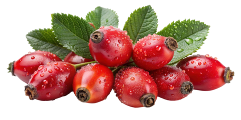 A cluster of ripe red rose hips with green leaves glistening with water droplets isolated on transparent background