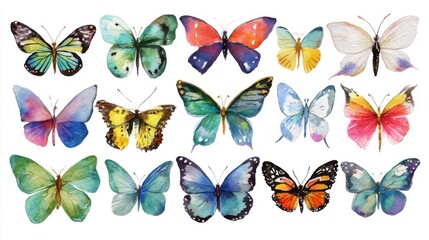 Fototapeta premium Various butterfly species illustrated in watercolor style showcasing vibrant colors and unique patterns. The artwork captures the beauty of nature and creativity.