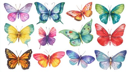 Numerous butterflies of different colors and patterns rest on a white surface. Each butterfly displays unique shapes and vibrant hues highlighting their beauty and diversity.
