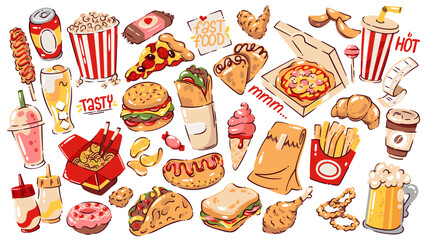 Fast food doodle set with burger, pizza, fries, hot dog, soda, and snacks in bright cartoon style. Tasty junk food collection for menu, kids design, or stickers. Fast food vector illustration.