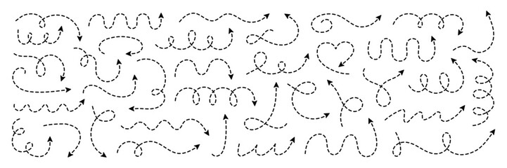 Squiggly dash line arrows doodle set. Curve and Spiral dotted comic directions in sketch style. Vector illustration isolated on white background