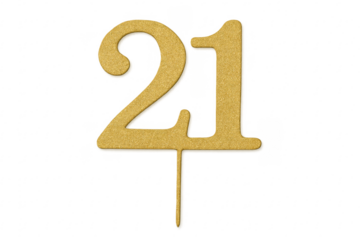 Golden glitter number 21 cake topper celebrating birthday anniversary