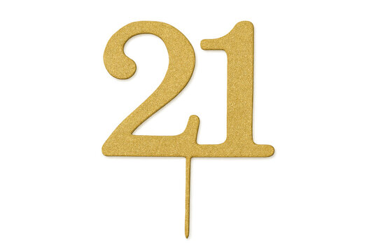 Golden glitter number 21 cake topper celebrating birthday anniversary