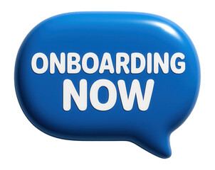 Glossy blue bubble sticker with ONBOARDING NOW message in bold font, attractive retail promo offer on transparent background.