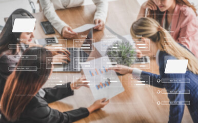 Project management system showing workflow stages, task progress, and review status. Task progress...