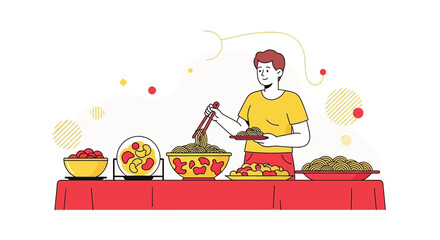 Buffet Display, Asian Cuisine, Person Choosing Food, Celebration Meal, Dining Experience