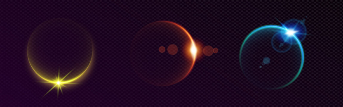 Earth ray and round overlay effect with glowing sphere line. Horizon halo and green edge light on dark sky background. 3D galaxy sunrise, bright dawn in cosmic night with energy arch firework